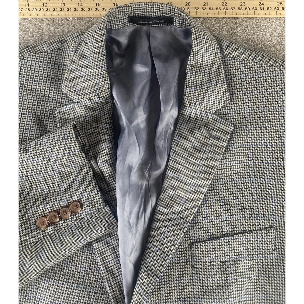 Lauren Ralph Lauren Beige/Blue Houndstooth Blazer Mens 44R Wool/Silk Preppy Work